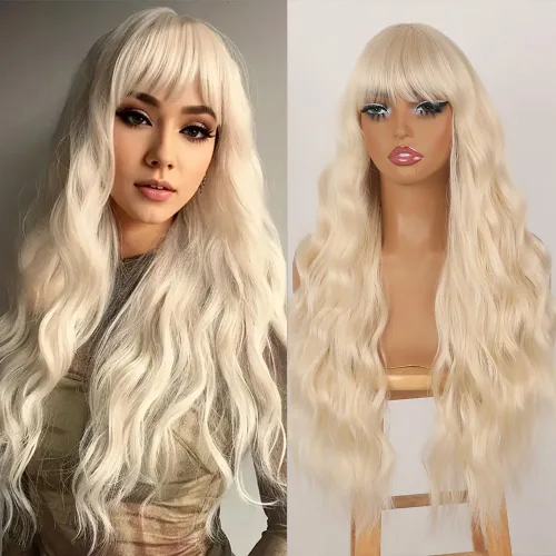 Miniatura 16 de QD-Tizer Pelucas sintéticas de color rubio ceniza con flequillo, pelucas de cabello largo y lacio, sin pegamento, pelucas sintéticas sin encaje