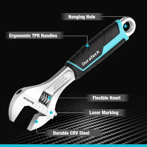Miniatura 3 de DURATECH Llave de acero Cr-V ajustable de 8 pulgadas, llave de mandíbula ancha, básculas métricas y SAE, para el hogar, garaje, taller y bricolaje