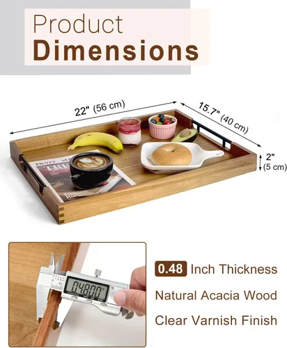 Miniatura 2 de Bandeja de madera de acacia de 22 pulgadas con asas de metal, bandeja otomana rectangular grande de madera, diseño decorativo y duradero para sala