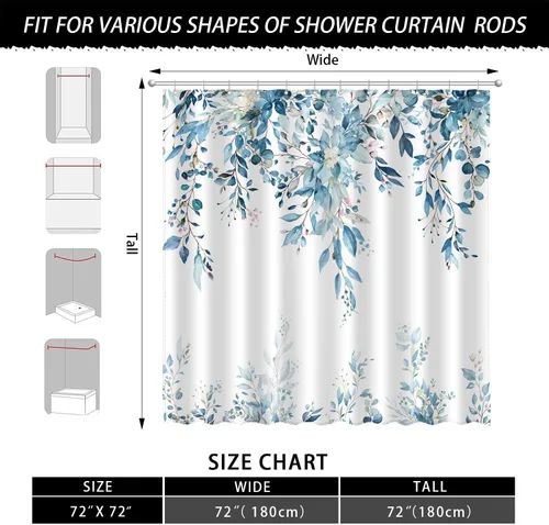 Miniatura 6 de JWXCBIM Cortina de ducha azul con hojas de eucalipto, cortina de baño decorativa con arte estético de acuarela de plantas y flores, juego de cortina