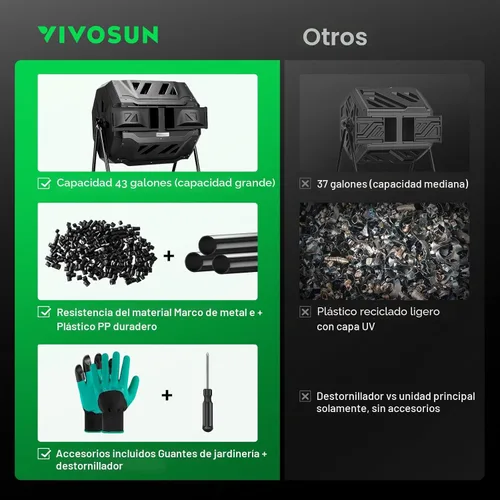Miniatura 6 de VIVOSUN Cubo de compostaje giratorio para exteriores, con puerta negra de 43 galones, doble lote giratorio Negro