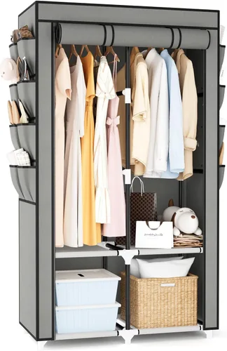 Miniatura 14 de Armario portátil para colgar ropa, armario portátil con tapa, 4 estantes de almacenamiento, 2 varillas para colgar y 8 bolsillos laterales, fácil