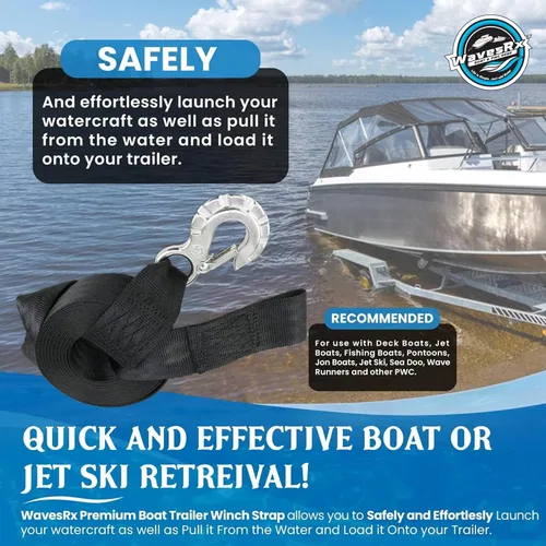 Miniatura 2 de WavesRx Correa de cabrestante para remolque de jet ski de 2"x20' con gancho de acero inoxidable y lazo de remolque de proa de conexión rápida
