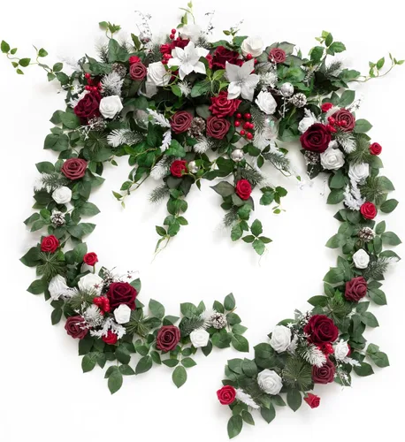 Miniatura 6 de Ling's moment Guirnalda de eucalipto y hojas de sauce de 9 pies con flor blanca, artesanal, centros de mesa para mesa de novios, decoración de mesa