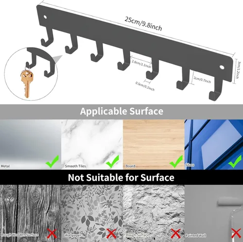 Miniatura 4 de Paquete de 2 soportes para llaves de pared, 10 ganchos para llaves de automóvil para pared, no requiere perforaciones, adhesivo para llavero