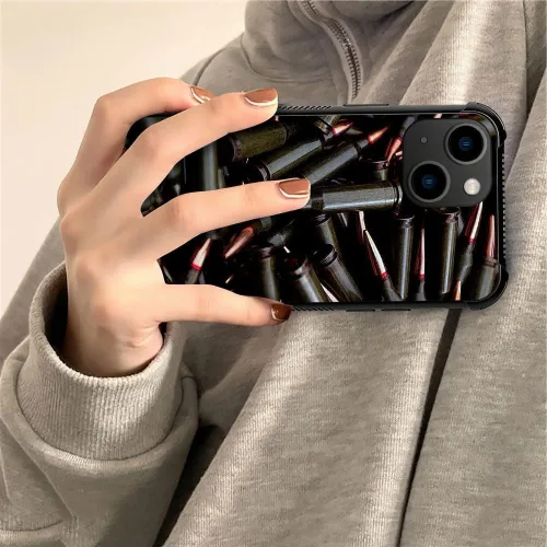 Miniatura 4 de ZHEGAILIAN Funda compatible con iPhone 14, funda de munición AK 47, parte trasera de vidrio templado+funda protectora de TPU de silicona suave