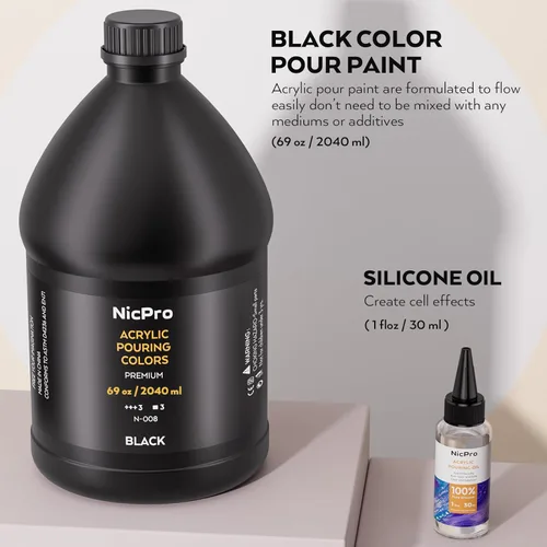 Miniatura 2 de Nicpro Pintura acrílica para verter color negro jet, suministros de pintura para verter premezclados de 69 onzas con aceite para verter de silicona