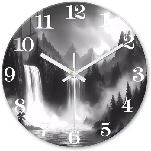 XNM Relojes de Pared de Paisaje Natural para Baño, Funciona con Pilas, 30.5 cm, Negro y Blanco, Redondo, Silencioso, sin Tictac, de Vidrio, Pequeño,