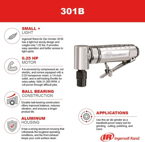 Miniatura 12 de Ingersoll Rand 301B Amoladora neumática con troquel - 1/4 pulgadas, ángulo recto, 21,000 RPM, construcción de rodamiento de bolas, bloqueo