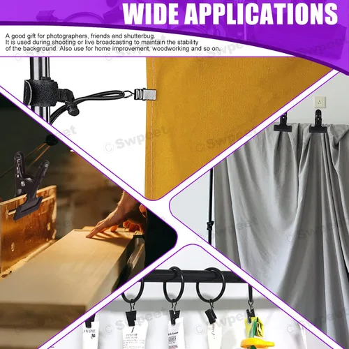 Miniatura 7 de Swpeet Kit de 22 abrazaderas para telón de fondo de fotografía, 10 anillos de cortina con clips, 6 abrazaderas de resorte para telón de fondo y 6