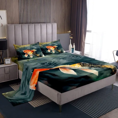 jejeloiu Juego de sábanas Koi de tamaño individual para niños, niñas, adolescentes, decoración de dormitorio, sábanas temáticas oceánicas con sábana
