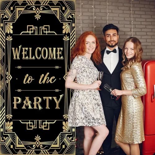 Miniatura 4 de Decoración de pancarta de bienvenida a la fiesta: decoraciones de fiesta temática de Gatsby de los años 20 – Cubierta de puerta estilo jazz