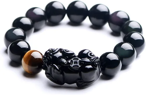 Pulsera de obsidiana negra, pulsera de obsidiana negra Feng Shui para mujeres y hombres, pulsera elástica de obsidiana con piedra de ojo de tigre