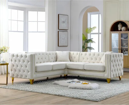 Miniatura 18 de KEIKI Sofá de terciopelo copetudo de 2 plazas para sala de estar, sofá con brazos cuadrados copetudos para apartamento en el hogar, color beige