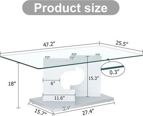 Miniatura 2 de TesNus Mesa de centro rectangular de cristal, mesa de centro moderna de vidrio templado transparente para sala de estar, base lineal blanca