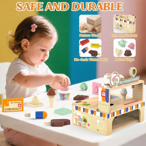 Miniatura 4 de Juego de juguetes plegables de madera para helados, tienda de alimentos para niños pequeños, 52 piezas para niños con almacenamiento, juego