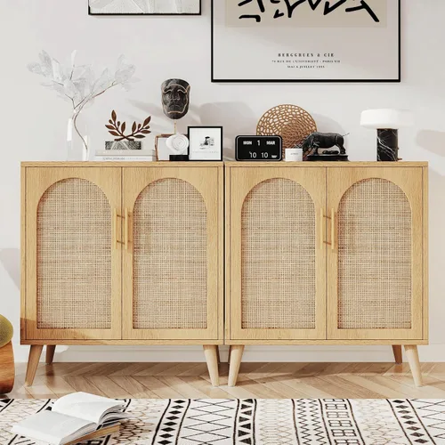 Miniatura 7 de Rovaurx Juego de 2 gabinetes de almacenamiento de ratán con puertas, gabinete de piso de baño de acento, aparador moderno para sala de estar, Natural
