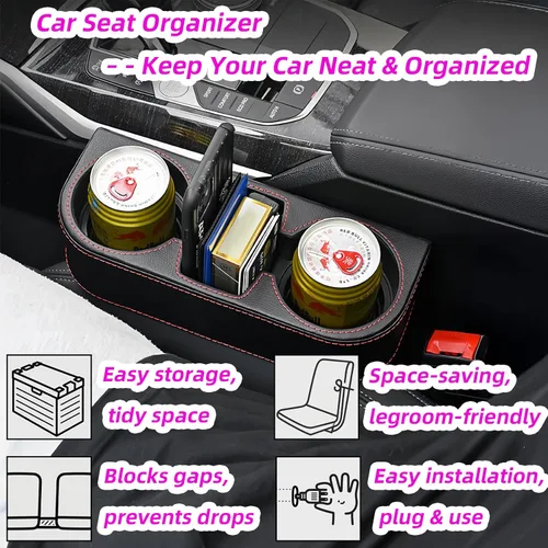 Miniatura 2 de Expansor de portavasos para automóvil y relleno de espacio para el asiento, funda de piel sintética con costuras, organizador de asiento delantero
