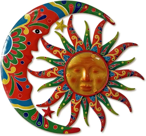 Limygus Adornos de Sol y Luna para Pared para Exteriores, Arte de Pared de Metal Colorido con Sol y Luna y Estrellas Perfecto para Patio, Jardín,