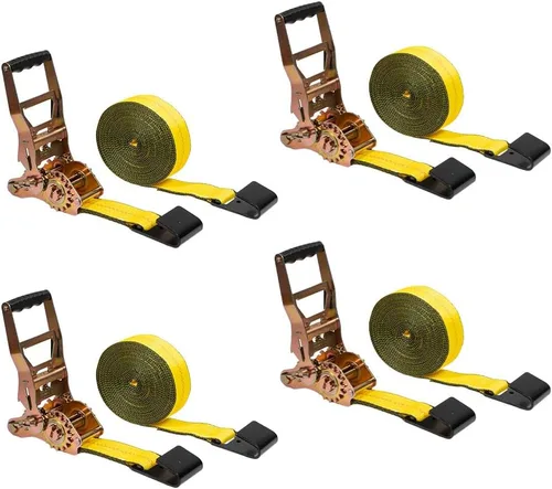 Miniatura 39 de Mytee Products Correas de amarre de trinquete con ganchos planos, 2 pulgadas x 20 pies amarillos 10,000 libras de resistencia a la rotura