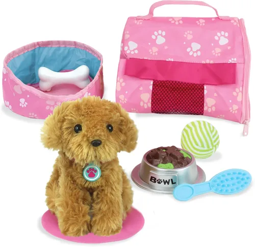 Sophia's Juego de accesorios y accesorios dorados de felpa con correa, tazón de comida, cepillo, bola, hueso, cama, manta y transportador, tamaño