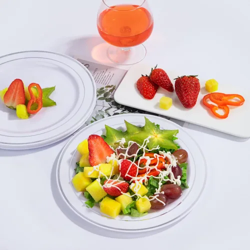 Miniatura 2 de bUCLA 100 platos de plástico con borde plateado, platos desechables de 7.5 pulgadas, ideales para bodas, fiestas y Navidad