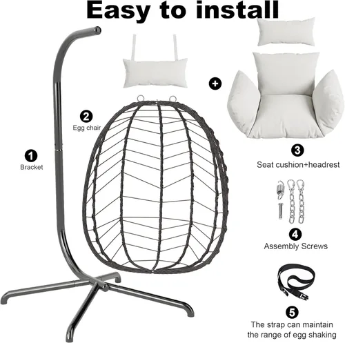 Miniatura 6 de LEX CRAFT Silla colgante de huevo con soporte, silla de huevo oscilante para exteriores e interiores, silla colgante con cojín, silla hamaca