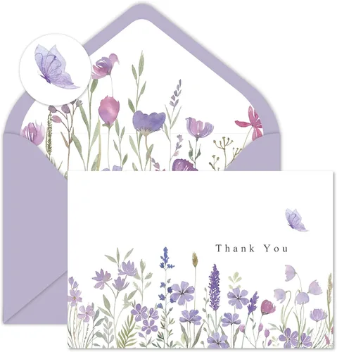 AnyDesign Paquete de 24 tarjetas de agradecimiento de flores silvestres a granel, tarjetas de felicitación de flores moradas con adhesivo de sobre,