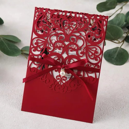 Miniatura 7 de 50 invitaciones de quinceañera personalizadas de 5x7.2 pulgadas, corte calado mediante láser, color rojo, con tarjetas RSVP y sobres, y banda