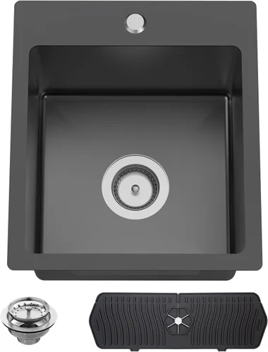 Fregadero Negro de Cocina y Bar, Fregadero de Cocina de Acero Inoxidable de 15 x 17 Pulgadas para Empotrar, Fregadero de Bar Moderno de Un Solo