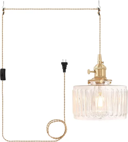 Miniatura 21 de Shenmoyl Lámpara colgante con pantalla de vidrio transparente a rayas, luz colgante vintage de latón, luz colgante ajustable para cocina, isla