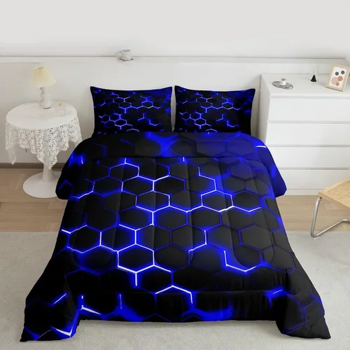 Miniatura 2 de Erosebridal Juego de Edredón de Panal, Juego de Ropa de Cama Geométrica de Luz Neón Queen para Niños Varones y Adolescentes, Juegos de Edredón