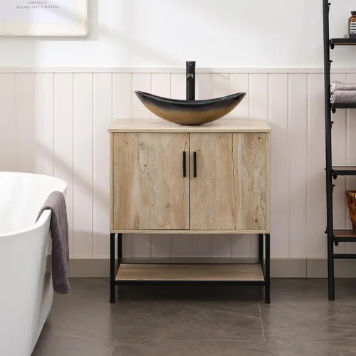 Miniatura 50 de UEV Tocador de Baño de Roble Rústico de 24" con Lavabo, Conjunto de Gabinete de Baño con Marco de Hierro Industrial con Puertas y Estante, con Combo