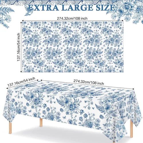 Miniatura 2 de Tiamon 1 mantel de plástico floral azul de 54 x 108 pulgadas, mantel rectangular vintage desechable con flores azules azul marino y blanco
