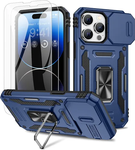 Miniatura 10 de Maxdara Funda para iPhone 14 Pro Max, con cubierta deslizante para cámara y soporte giratorio de 360° integrado y protector de pantalla de vidrio