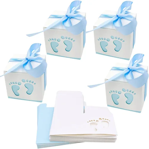 Miniatura 4 de 50 cajas de recuerdo de fiesta de baby shower, 2.4 x 2.4 pulgadas, pequeñas cajas de regalo de dulces, diseño de huellas para niños, cumpleaños, Azul