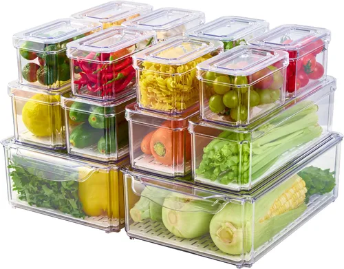 JollyPack - Paquete de 14 organizadores para refrigerador, contenedores organizadores con tapas para refrigerador, contenedores de almacenamiento de