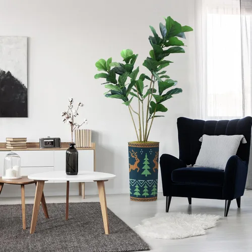 Miniatura 9 de Árbol artificial en macetero contemporáneo con patrón de margaritas, árbol de seda falso Ficus Lyrata para decoración del hogar en interiores