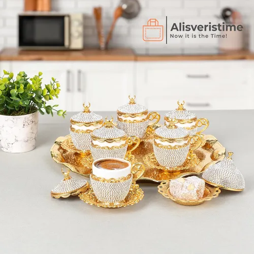 Miniatura 2 de Alisveristime Juego de 27 tazas otomanas de café turco griego árabe para servir, platillo de cristal (Gelincik) – Juego tradicional hecho a mano