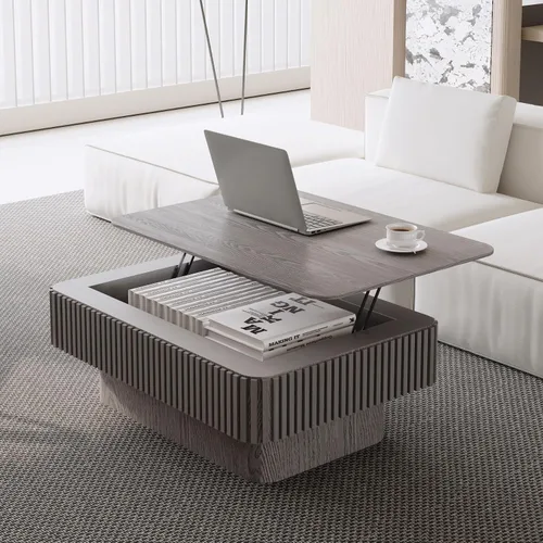 Miniatura 16 de Mesa de café cuadrada pequeña con almacenamiento, mesa de café moderna de madera con chapa de madera maciza, mesa central estriada