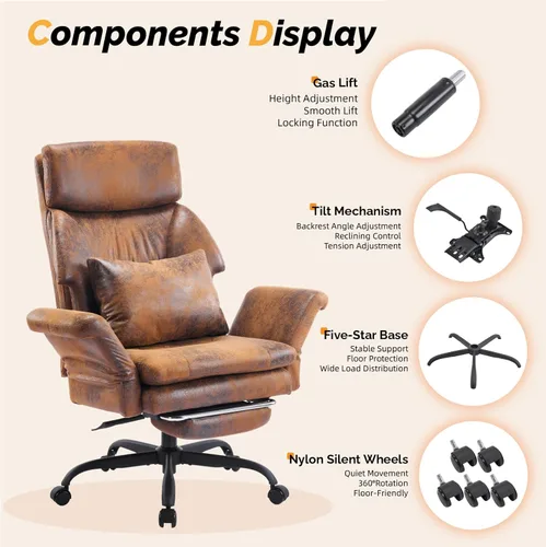 Miniatura 5 de VINGLI Silla de oficina alta reclinable de 100 a 130° con reposapiés y reposabrazos ajustables, silla ergonómica cruzada con ruedas y reposacabezas