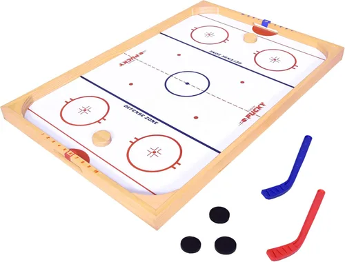 GoSports Hockey Ice Pucky - Juego de hockey de mesa de madera para niños y adultos - Incluye 1 tablero de juego, 2 palos de hockey y 3 discos