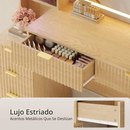 Miniatura 9 de HAUOMS Big Vanity, escritorio de maquillaje de madera estriada con espejo y luces LED de sincronización de sonido, tocador grande, 8 cajones, Roble