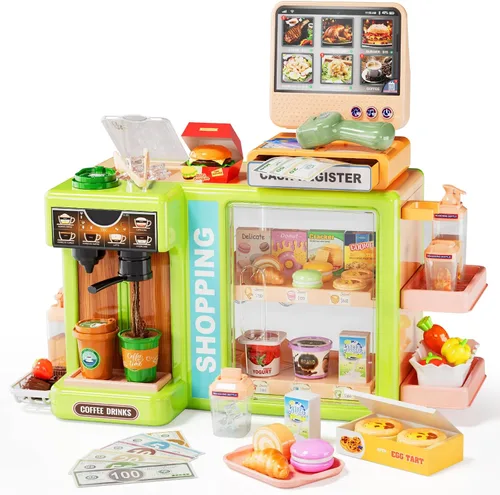 Pupu Pig Play Food Store Juguetes para niños, tienda de comestibles de juego de simulación con caja registradora para niños con pedido de voz con