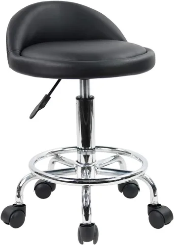 KKTONER Taburete rodante redondo de cuero sintético con reposapiés, altura ajustable, giratoria, trabajo, spa, silla de tareas con ruedas (negro)