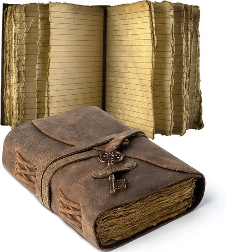 Diario de cuero con diseño de época con páginas rayadas y llave - Diario de cuero antiguo hecho a mano con el borde envejecido y papel encuadernado