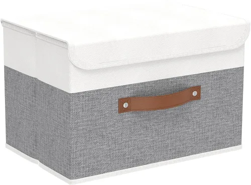 Miniatura 12 de Yawinhe SNK024BEN-1 Cajas de almacenamiento plegables, cestas apilables de tela de lino, contenedor con tapa y asa de cuero, lavable, para el hogar