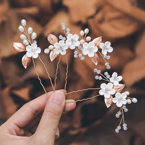 Miniatura 9 de Casdre Horquillas para el pelo de novia de flores, accesorios para el cabello de boda con diamantes de imitación para mujeres y niñas (paquete de 3)