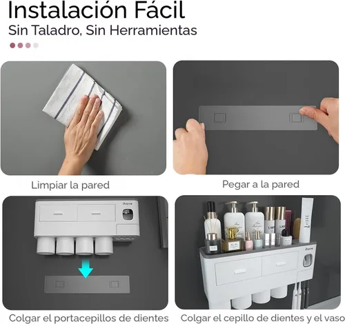 Miniatura 4 de iHave Portacepillos de dientes para baños, 4 tazas de soporte para cepillos de dientes montado en la pared con dispensador de pasta de dientes