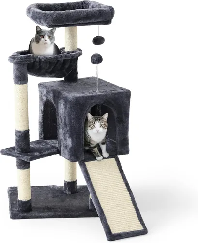 Miniatura 2 de Torre de árbol para gatos de 37 pulgadas con condominio para gatos de varios niveles, postes rascadores, cueva para gatos de 2 puertas, gris